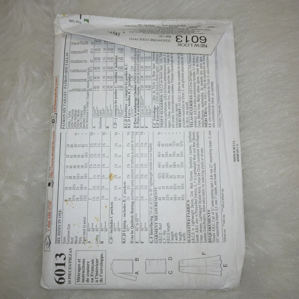 NEW LOOK 6013 Sz 8-18 Misses Quilted jacket or vest, skirt in 2 lengths.